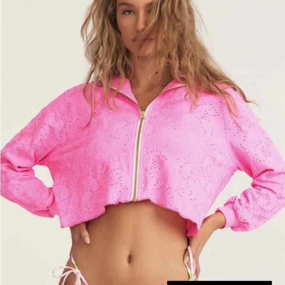 LOVE SHACKFANCY X Hurley Eyelet Paisley Zip Up Hoodie Hot Pink - Picture 3 of 9